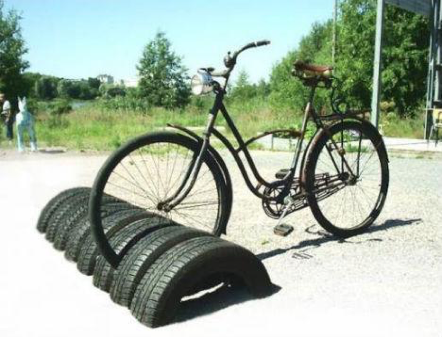 repurposed car tires as bike rack